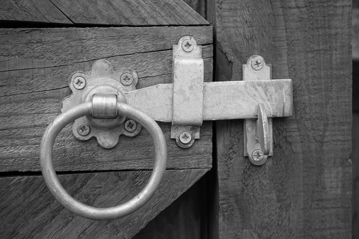 A metal latch with a ring handle on a wooden gate