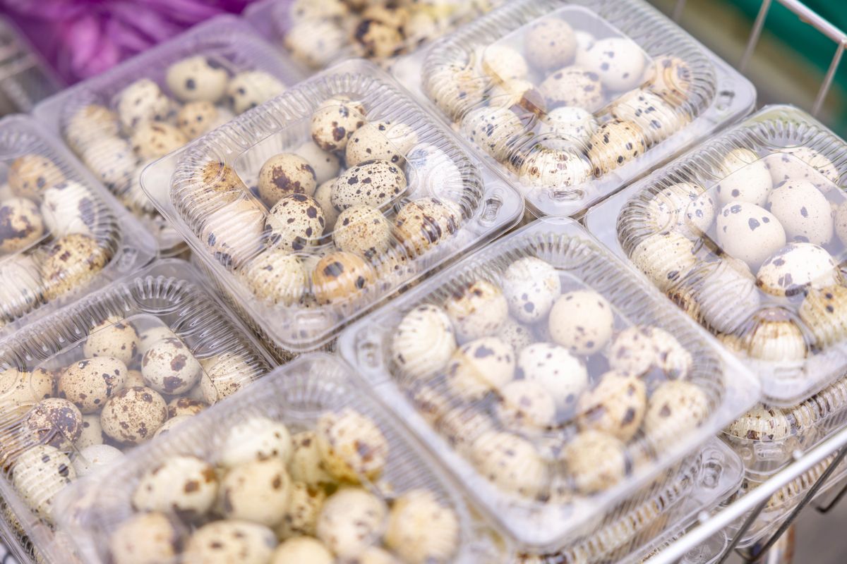 Quail eggs in market packaging